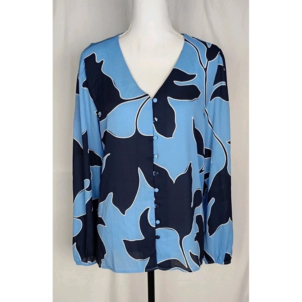 Ann Taylor Women's Blue Mix Media Floral Blouse Size M V Neck New